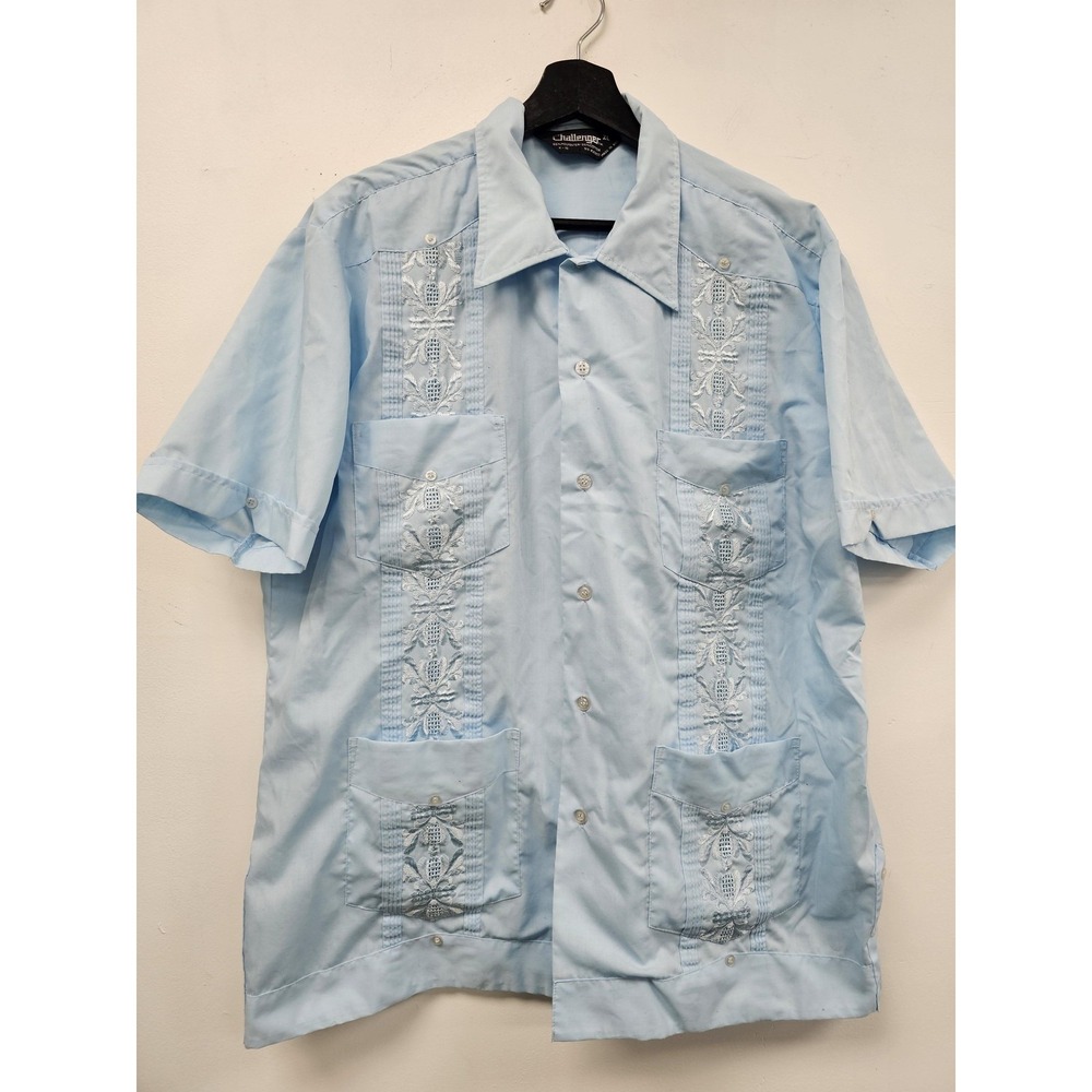 Vintage Challenger Shirt Mens XL Blue Guayabera Cuban Embroidered 4 Pocket‎ 90s